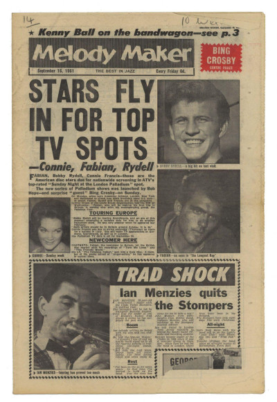 Melody Maker September 16, 1961 Bobby Rydell Fabian Kenny Ball Sammy Davis Sandy Brown