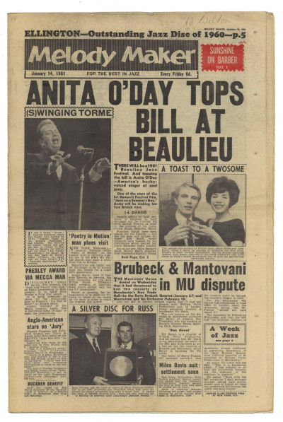 Melody Maker January 14, 1961 Anita O'Day at Beaulieu Monty Sunshine Duke Ellington
