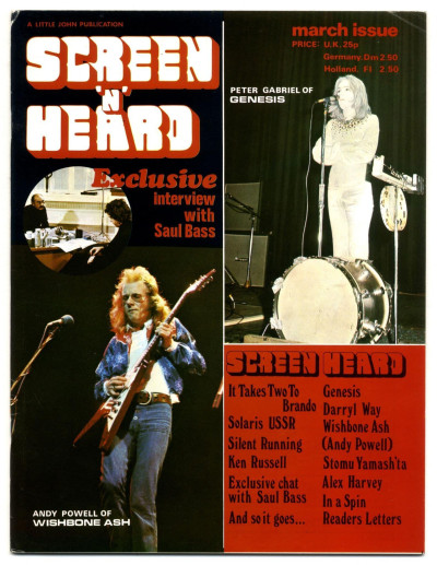 Screen n' heard magazine March 1972 Genesis Wishbone Ash Alex Harvey Stomu Yamashta Ken Russell