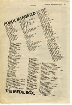 Public Image Ltd PIL Metal Box ad Poster Size vintage music press advert cutting/clipping 1979