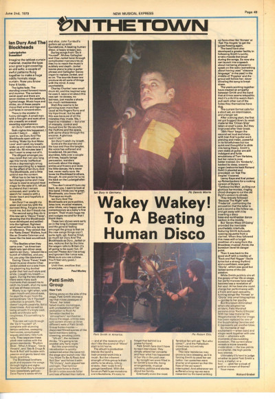 Ian Dury in Germany Patti Smith Group in New York cutting/clipping 1979