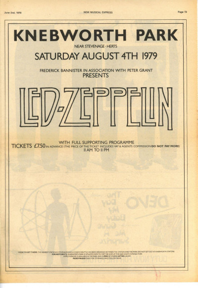 Led Zeppelin Knebworth 2 page Park August 4th 1979 Poster Size press advert cutting/clipping 1979