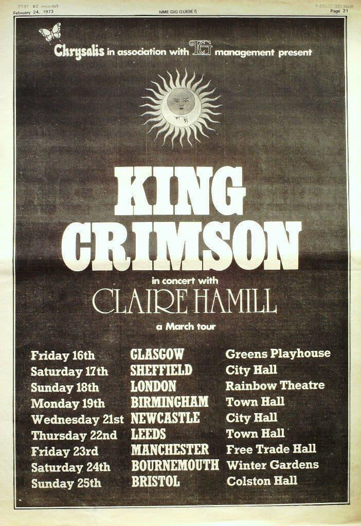 King Crimson CLAIRE HAMILL Poster Size tour advert 1973 cutting